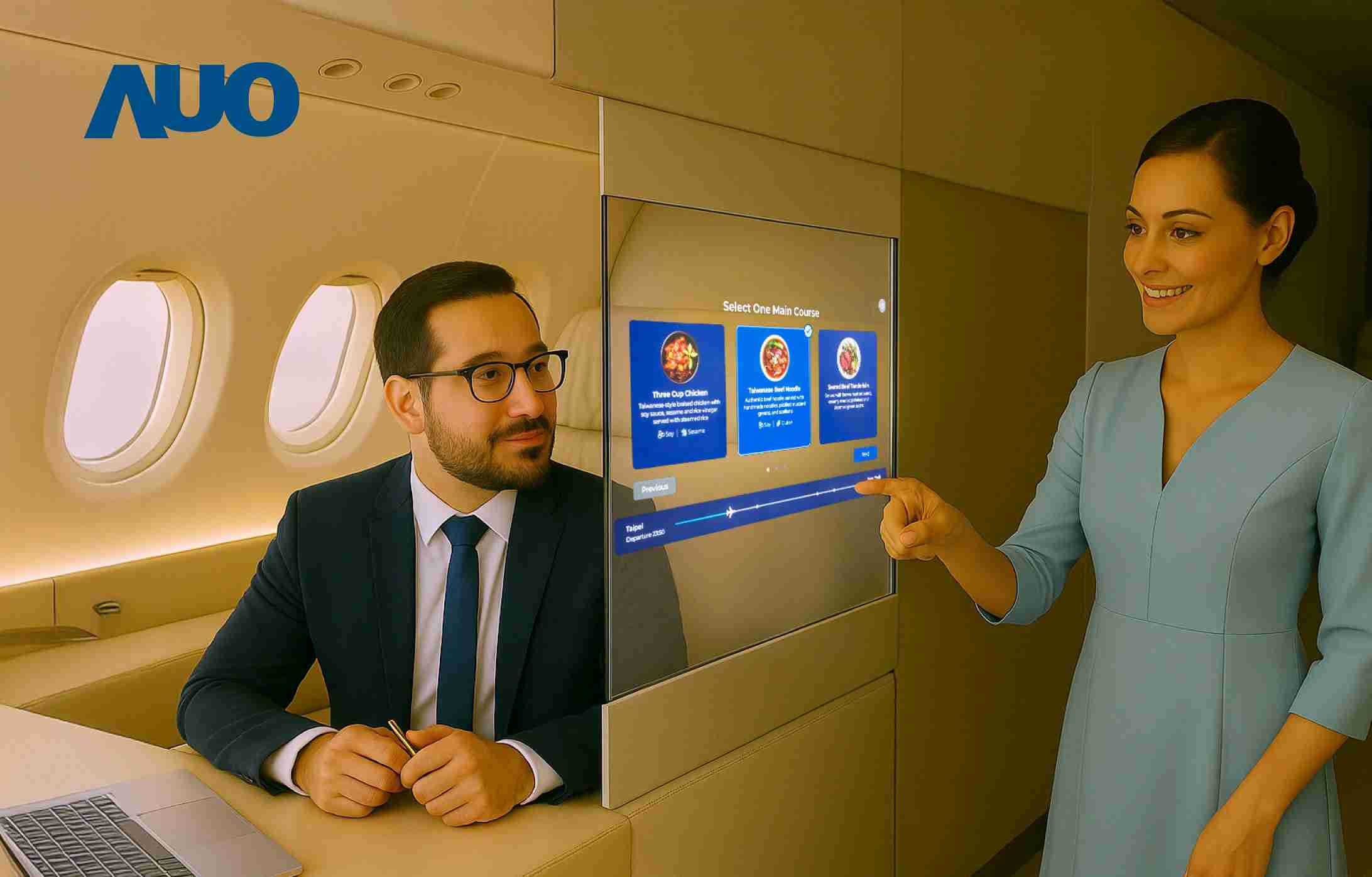 彩霸王研发全球最薄17.3 吋双面透明 Micro LED 显示器，，，，可在同一屏幕之双边投射不同信息，，，创造独特的”透明化”互动；图为实时翻译交流应用情境